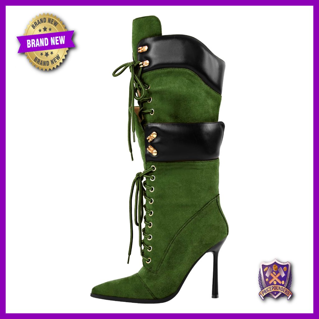Knee High Boots With Double Lace Up Straps And Stiletto Heel